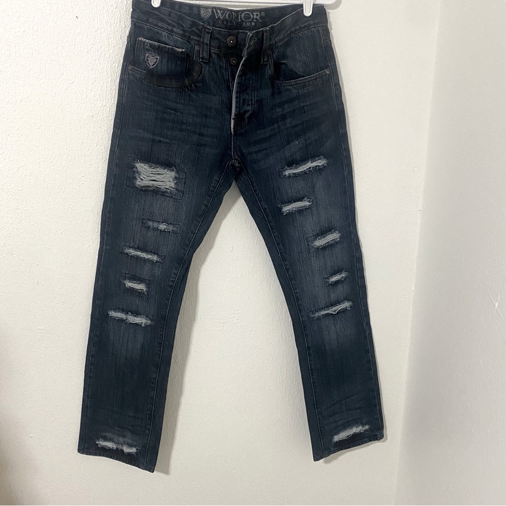 WORIOR COLLECTION Slim Fit Distressed Button-Fly Jeans Unique Patchwork 32x32